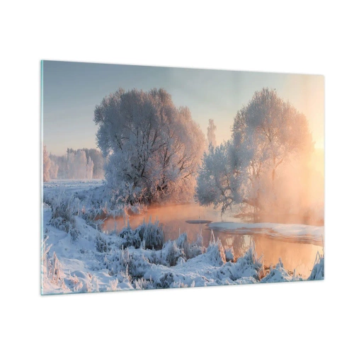 Impression sur verre - Image sur verre - Paysage d'hiver avec un lac gelé et un brouillard matinal - 100x70cm - Tout dans le soleil brille en cristal - Décoration murale moderne pour le salon et la chambre ARTTOR