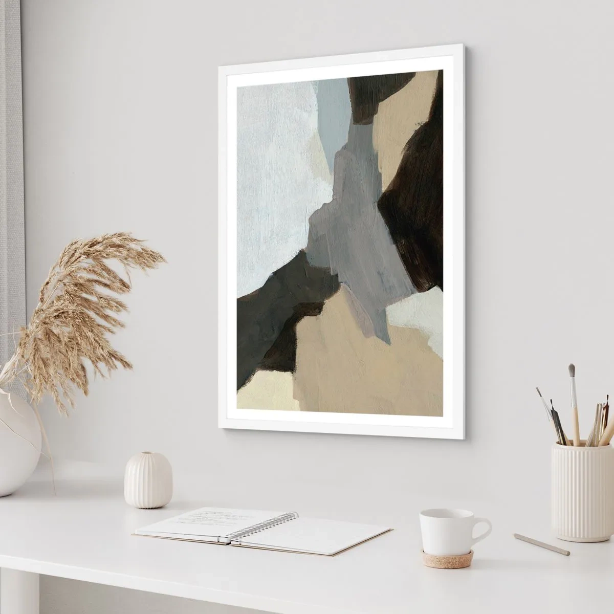Affiche dans un cadre blanc - Poster - Abstraction : le carrefour du gris - 30x40 cm