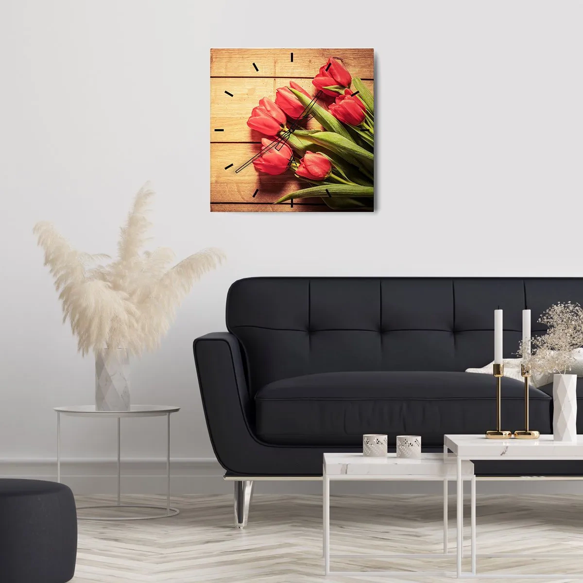 Horloge murale - Pendule murale - Un bouquet de tulipes roses sur un fond en bois - 30x30cm - Défi du printemps - Décoration murale moderne pour le salon et la chambre ARTTOR