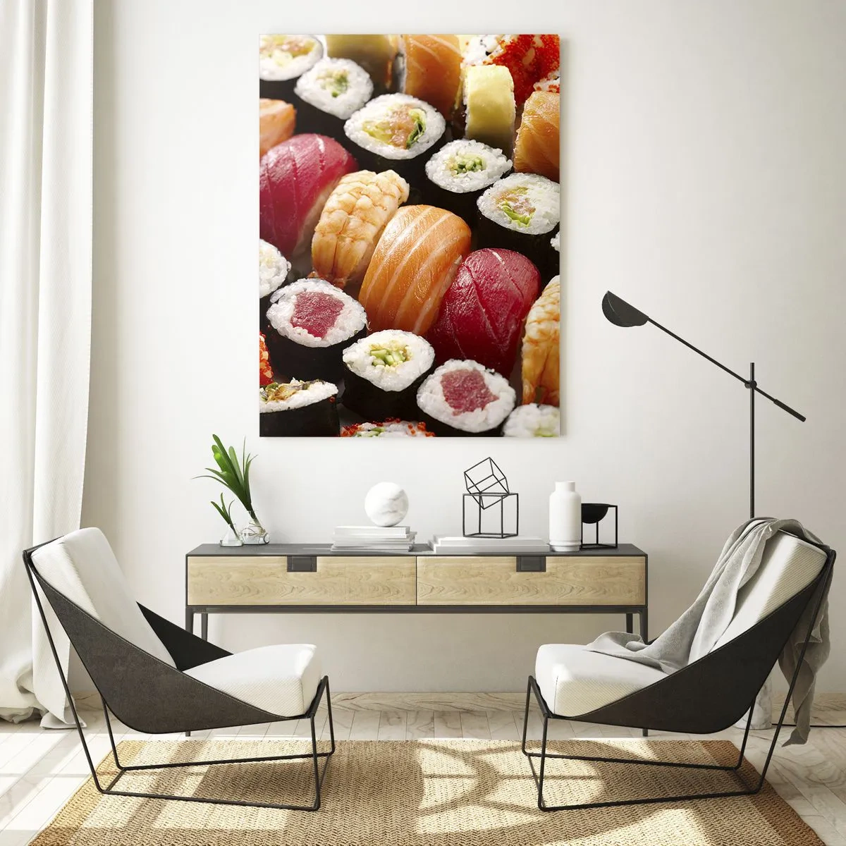 Impression sur verre - Image sur verre - Une composition de sushi colorée avec une variété d'ingrédients - 50x70cm - Couleurs et saveurs d'Asie - Décoration murale moderne pour le salon et la chambre ARTTOR
