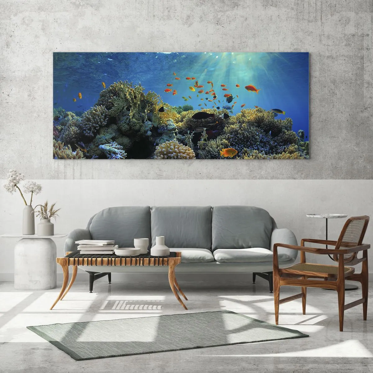 Impression sur verre - Image sur verre - Récif corallien avec des poissons sous les rayons du soleil sous l'eau - 160x50cm - Trésor sous-marin - Décoration murale moderne pour le salon et la chambre ARTTOR