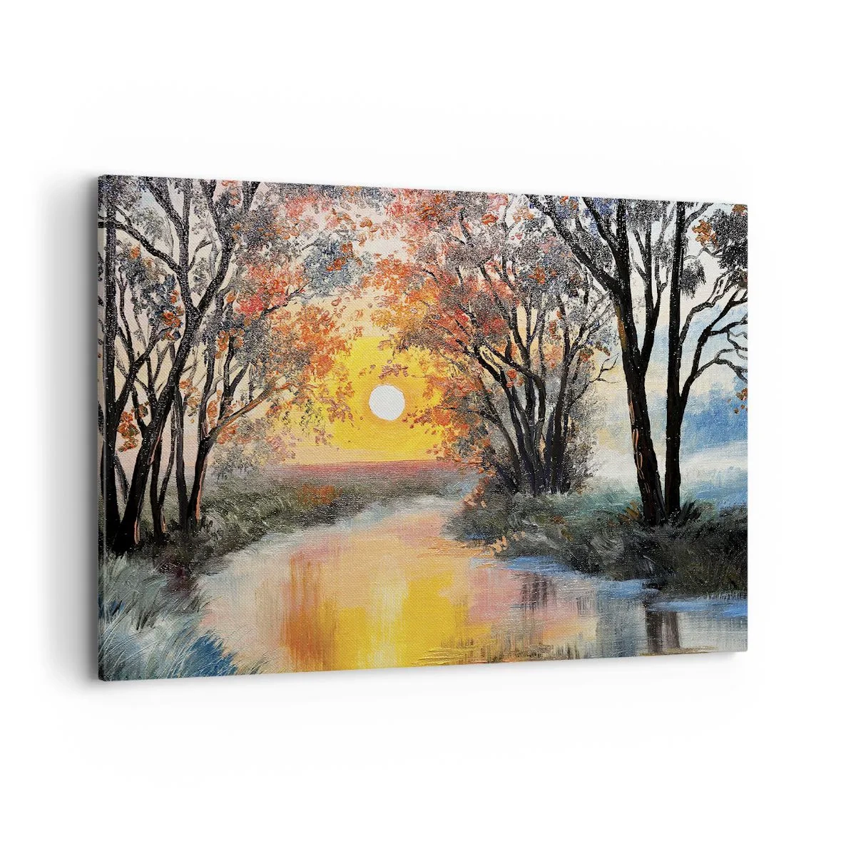 Impression sur toile - Image sur toile - Coucher de soleil sur la rivière dans un paysage d'automne - 120x80cm - Climats de printemps - Décoration murale moderne pour le salon et la chambre ARTTOR