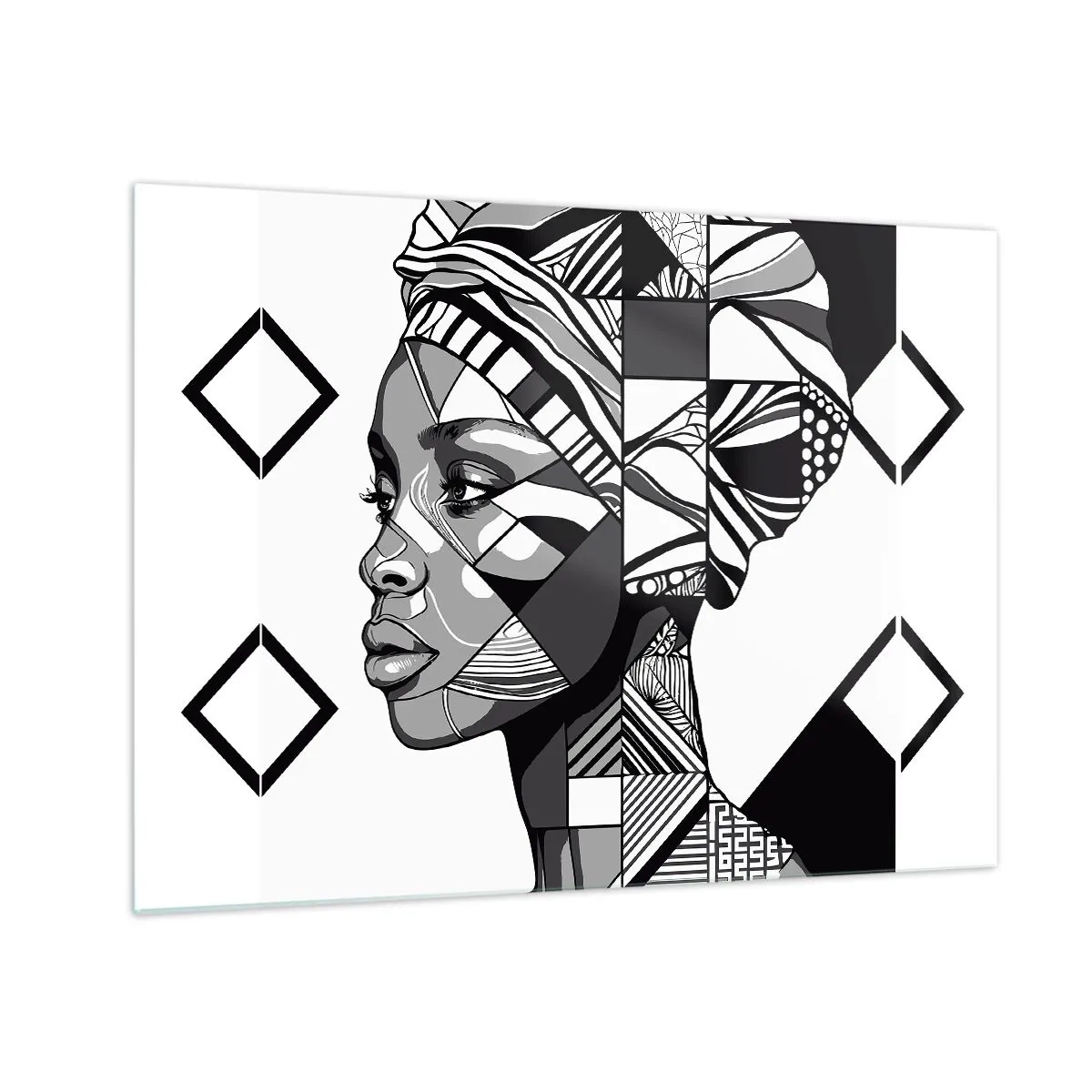 Impression sur verre - Image sur verre - Portrait ethnique noir et blanc d'une femme aux motifs géométriques - 70x50cm - Portrait ethnique - Décoration murale moderne pour le salon et la chambre ARTTOR