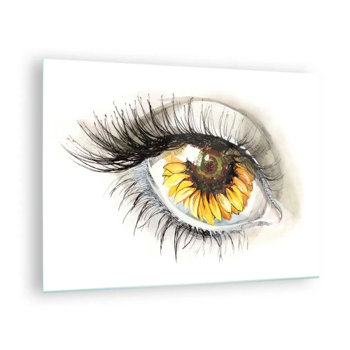 Impression sur verre - Image sur verre - Un œil avec un motif de tournesol entouré de détails délicats - 70x50cm - Un look aussi chaud que l'été - Décoration murale moderne pour le salon et la chambre ARTTOR