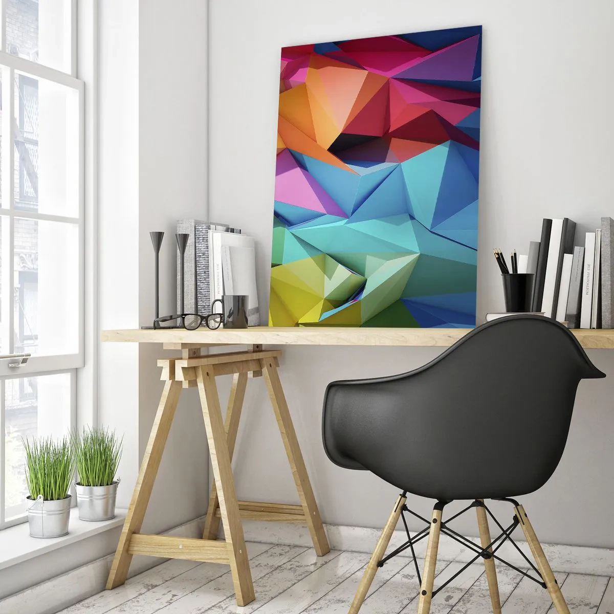 Impression sur verre - Image sur verre - Composition géométrique aux nuances intenses et multicolores - 50x70cm - Origami arc-en-ciel - Décoration murale moderne pour le salon et la chambre ARTTOR