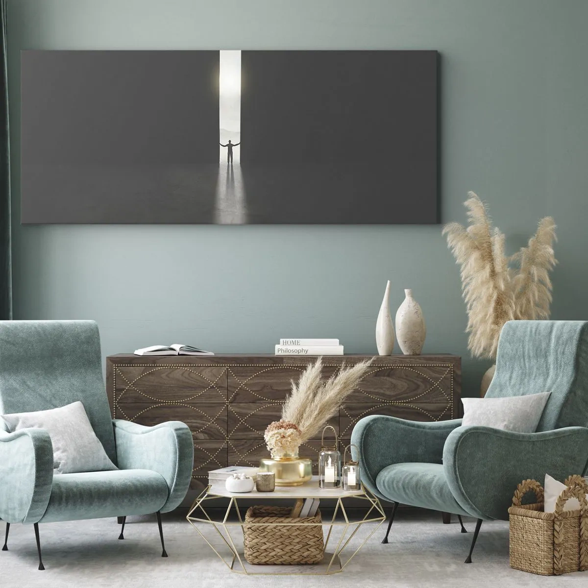 Impression sur toile - Image sur toile - Un homme debout dans la lumière d'une fente étroite dans un espace sombre - 160x50cm - Étape vers un avenir radieux - Décoration murale moderne pour le salon et la chambre ARTTOR