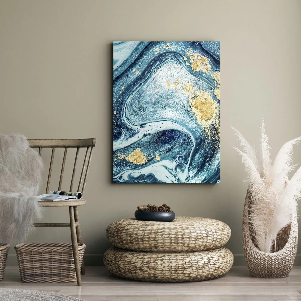 Impression sur toile - Image sur toile - Une composition abstraite de vagues et d'accents dorés - 70x100cm - Vortex bleu - Décoration murale moderne pour le salon et la chambre ARTTOR