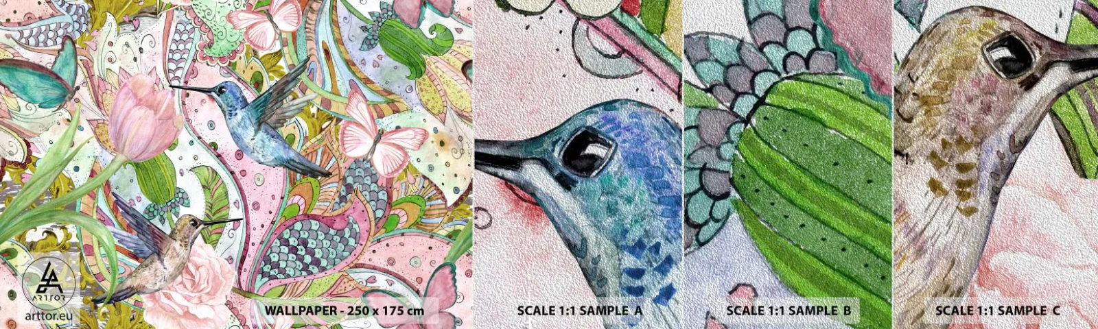 Échantillon de Papier Peint Premium Sand - Empêtré dans les vignes - Fleurs, Oiseau, Papillon - 100x30 cm