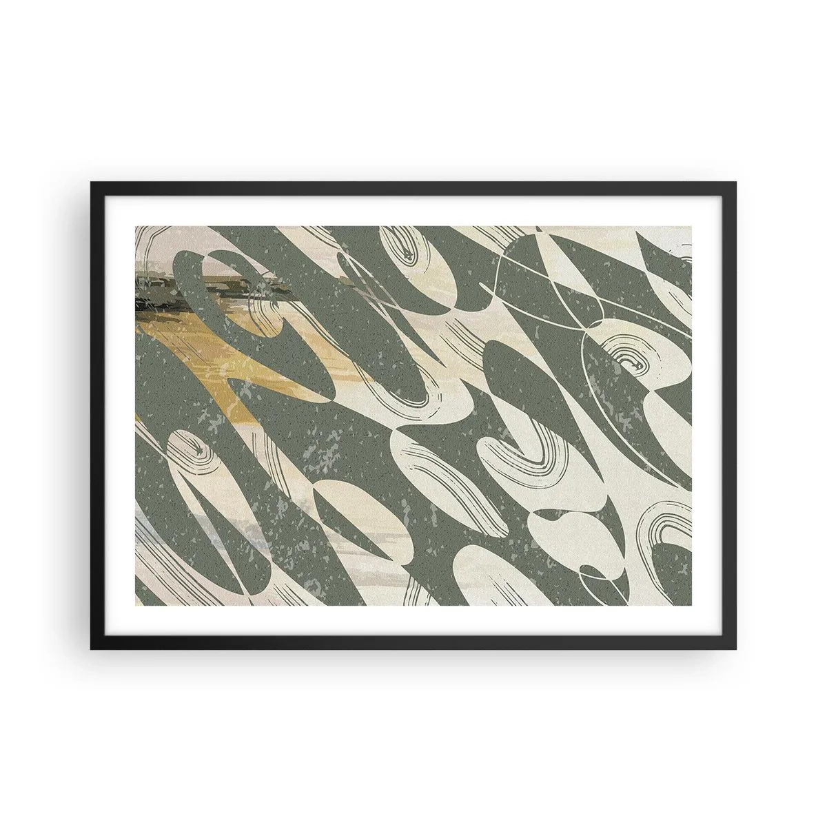 Affiche dans un cadre noir - Poster - Formes dynamiques dans des tons de vert et d'or - 70x50cm - Abstraction rythmique - Décoration murale moderne pour le salon et la chambre ARTTOR