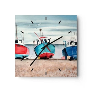 Horloge murale - Pendule murale - Bateaux de pêche colorés sur le rivage dans un paysage marin - 30x30cm - Prêt pour la pêche - Décoration murale moderne pour le salon et la chambre ARTTOR