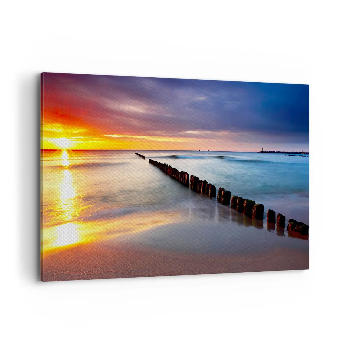 Impression sur toile - Image sur toile - Coucher de soleil sur la mer avec un brise-lames au premier plan - 120x80cm - Ecoute le silence - Décoration murale moderne pour le salon et la chambre ARTTOR
