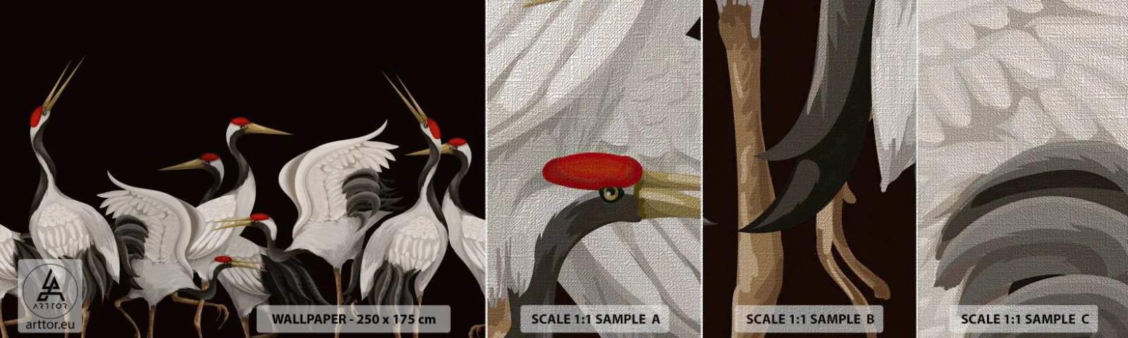 Échantillon de Papier Peint Premium Canvas - Histoire d'oiseaux - Grues, Des oiseaux, Morceau - 100x30 cm