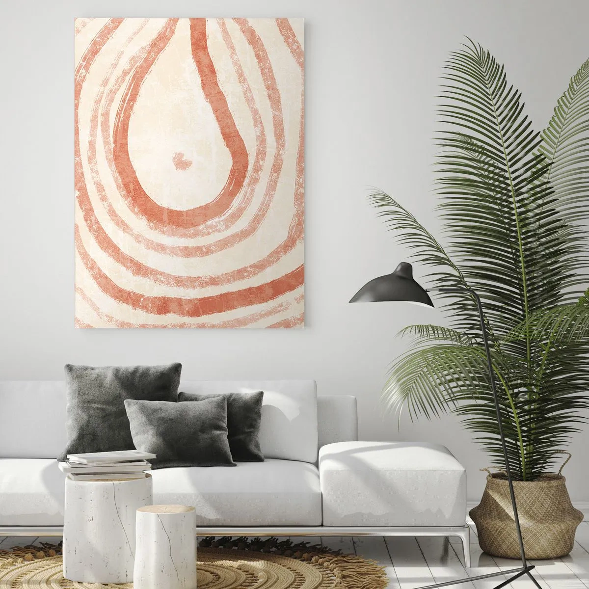 Impression sur verre - Image sur verre - Un motif abstrait de lignes concentriques dans des tons de terre cuite. - 80x120cm - Cercles de corail – composition - Décoration murale moderne pour le salon et la chambre ARTTOR