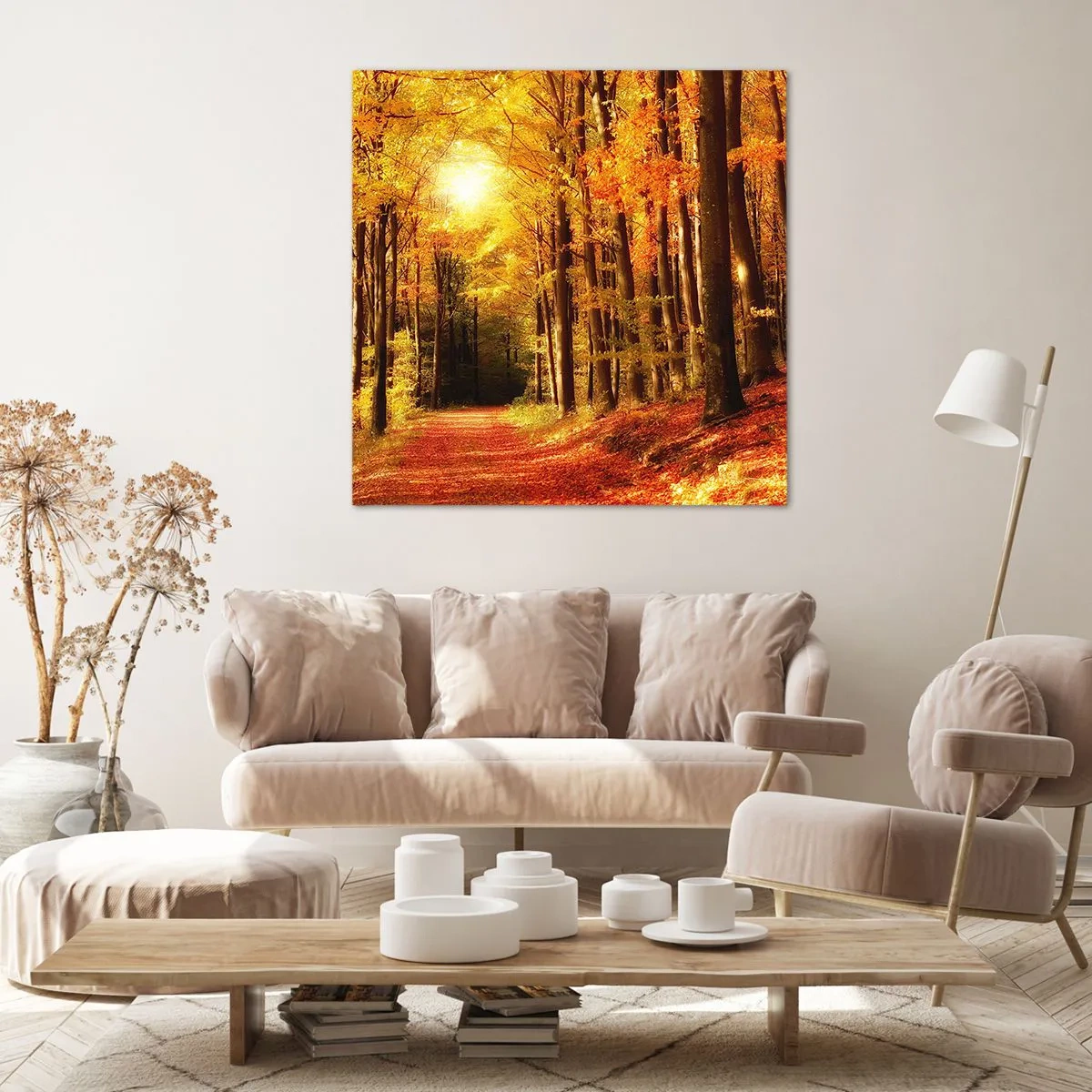 Impression sur toile - Image sur toile - Automne doré sur une route forestière - 60x60 cm