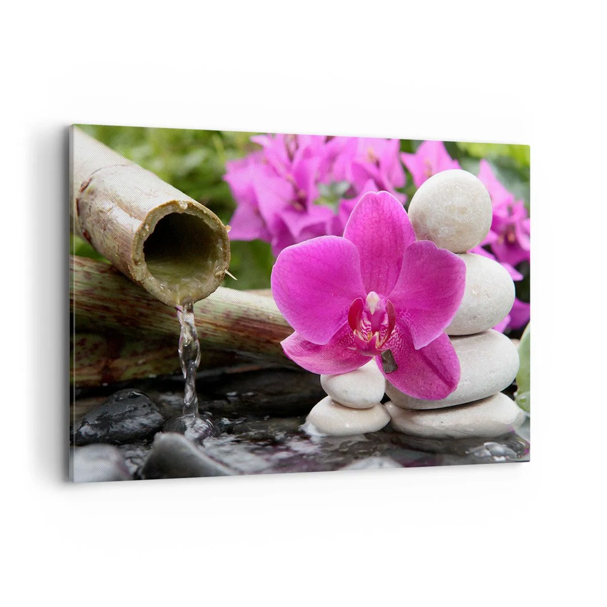 Impression sur toile - Image sur toile - Orchidée violette, pierres et bambou avec de l'eau dans un cadre relaxant - 120x80cm - Tu te reposes déjà - Décoration murale moderne pour le salon et la chambre ARTTOR