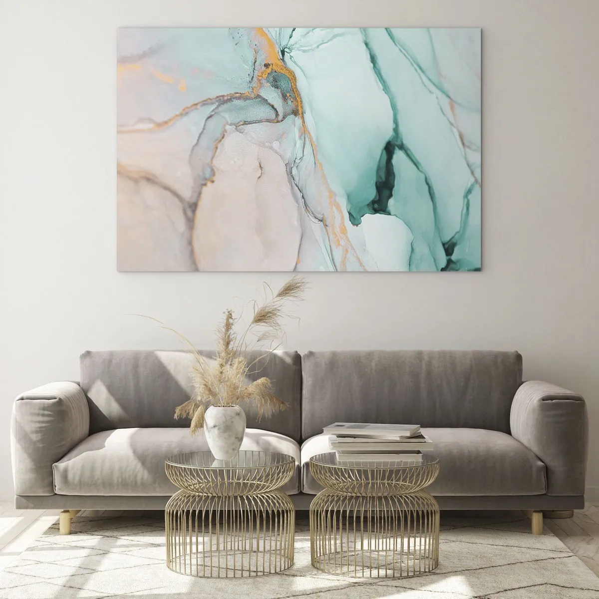 Impression sur verre - Image sur verre - Une composition abstraite dans des tons turquoise et or. - 100x70cm - Danse des formes et des couleurs - Décoration murale moderne pour le salon et la chambre ARTTOR