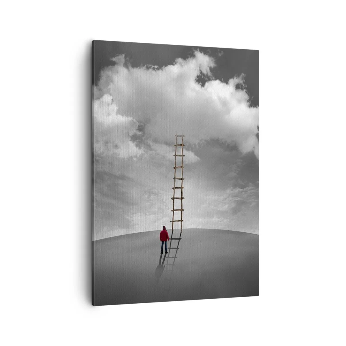 Impression sur toile - Image sur toile - Une personne portant un manteau rouge et une échelle menant à un nuage - 50x70cm - Tout est possible - Décoration murale moderne pour le salon et la chambre ARTTOR