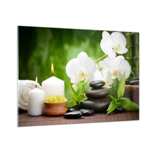 Impression sur verre - Image sur verre - Spa avec orchidées, pierres et bougies sur fond de verdure - 100x70cm - Doux, floral, toucher délicat - Décoration murale moderne pour le salon et la chambre ARTTOR
