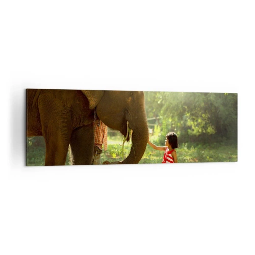 Impression sur toile - Image sur toile - Une fille en robe rouge touchant un éléphant dans la forêt. - 160x50cm - La force de l'amitié - Décoration murale moderne pour le salon et la chambre ARTTOR