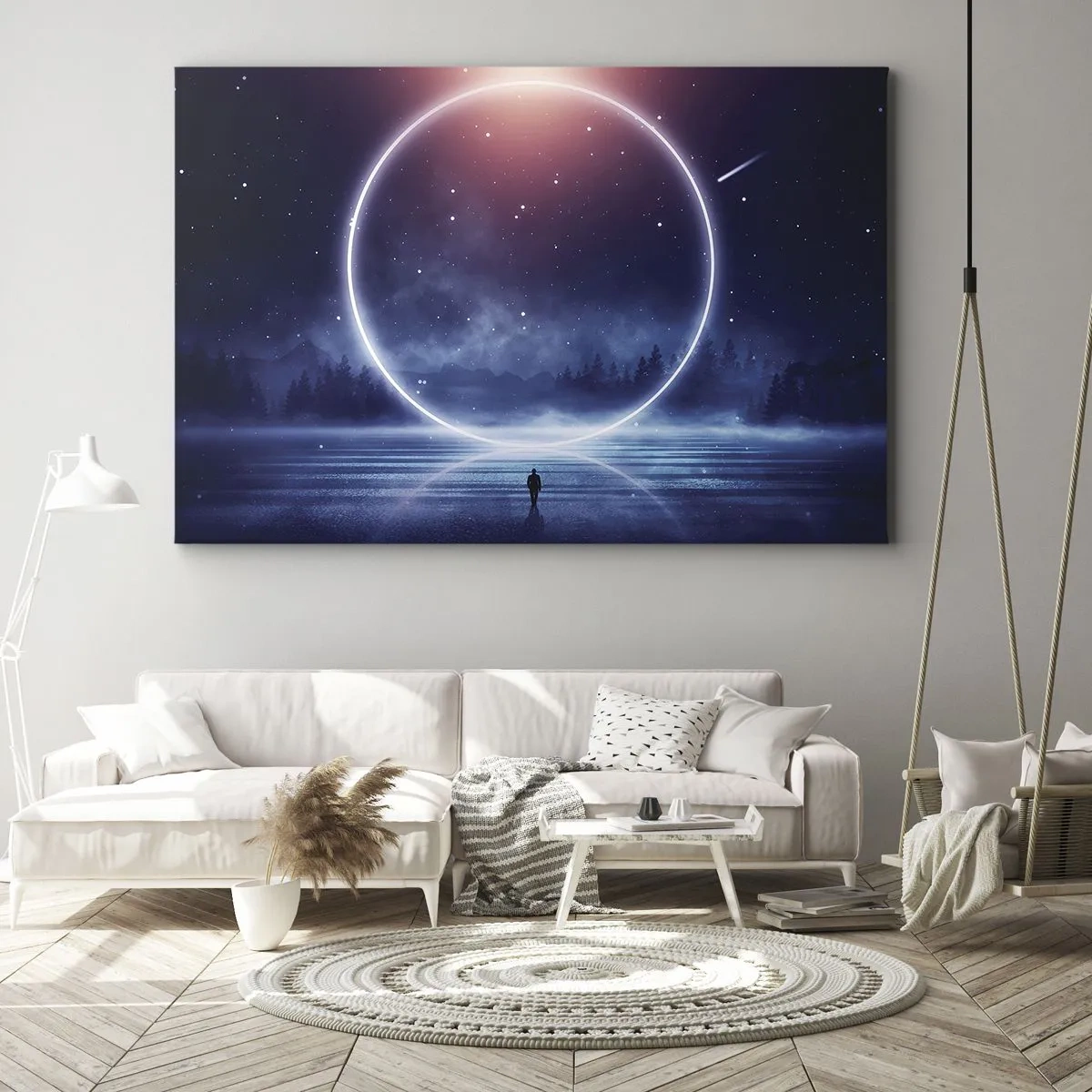 Impression sur toile - Image sur toile - Un paysage magique avec une silhouette et un cercle de lumière la nuit - 100x70cm - Ils sont déjà là... - Décoration murale moderne pour le salon et la chambre ARTTOR