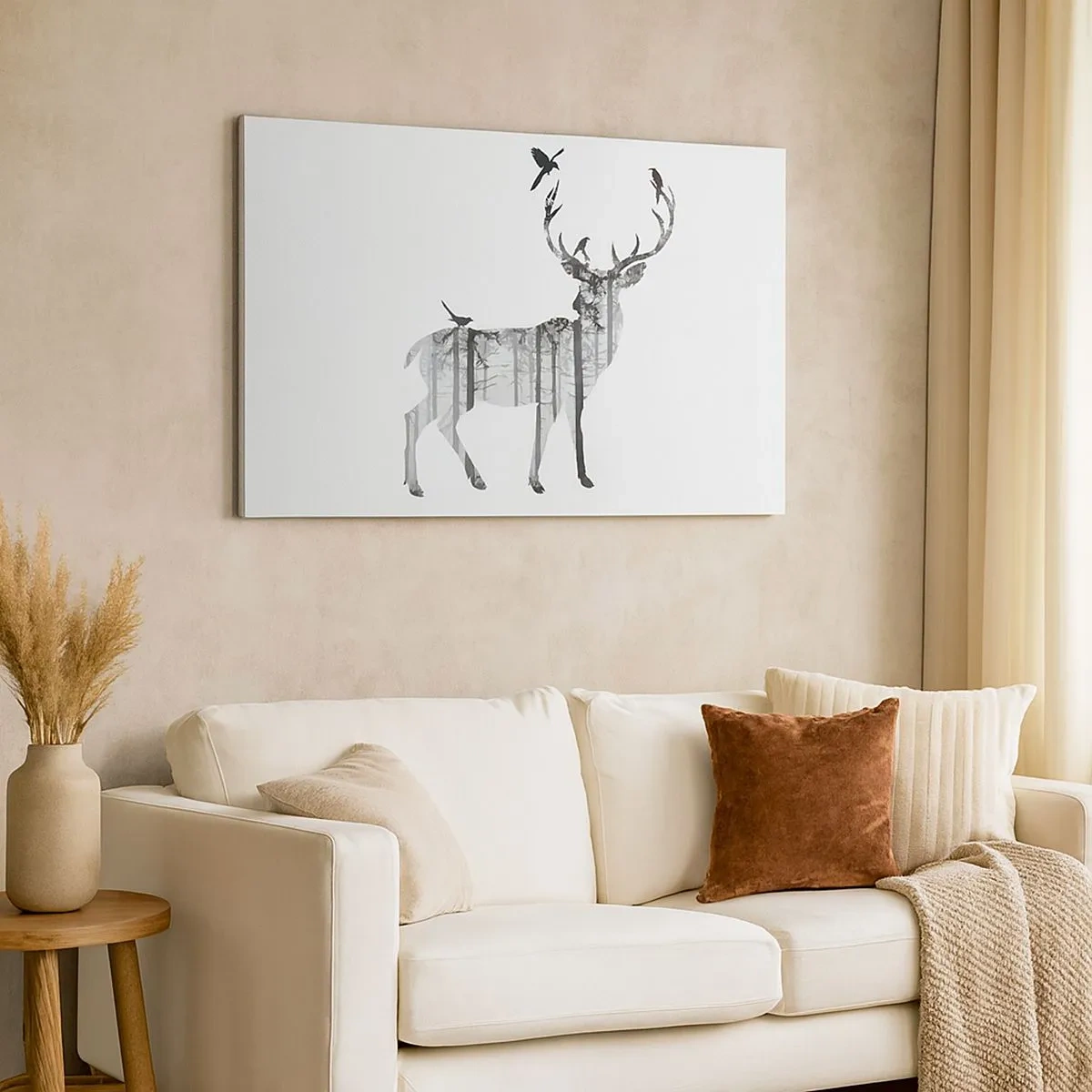Impression sur toile - Image sur toile - Silhouette d'un cerf avec forêt et oiseaux - 70x50cm - La bonne âme de la forêt - Décoration murale moderne pour le salon et la chambre ARTTOR