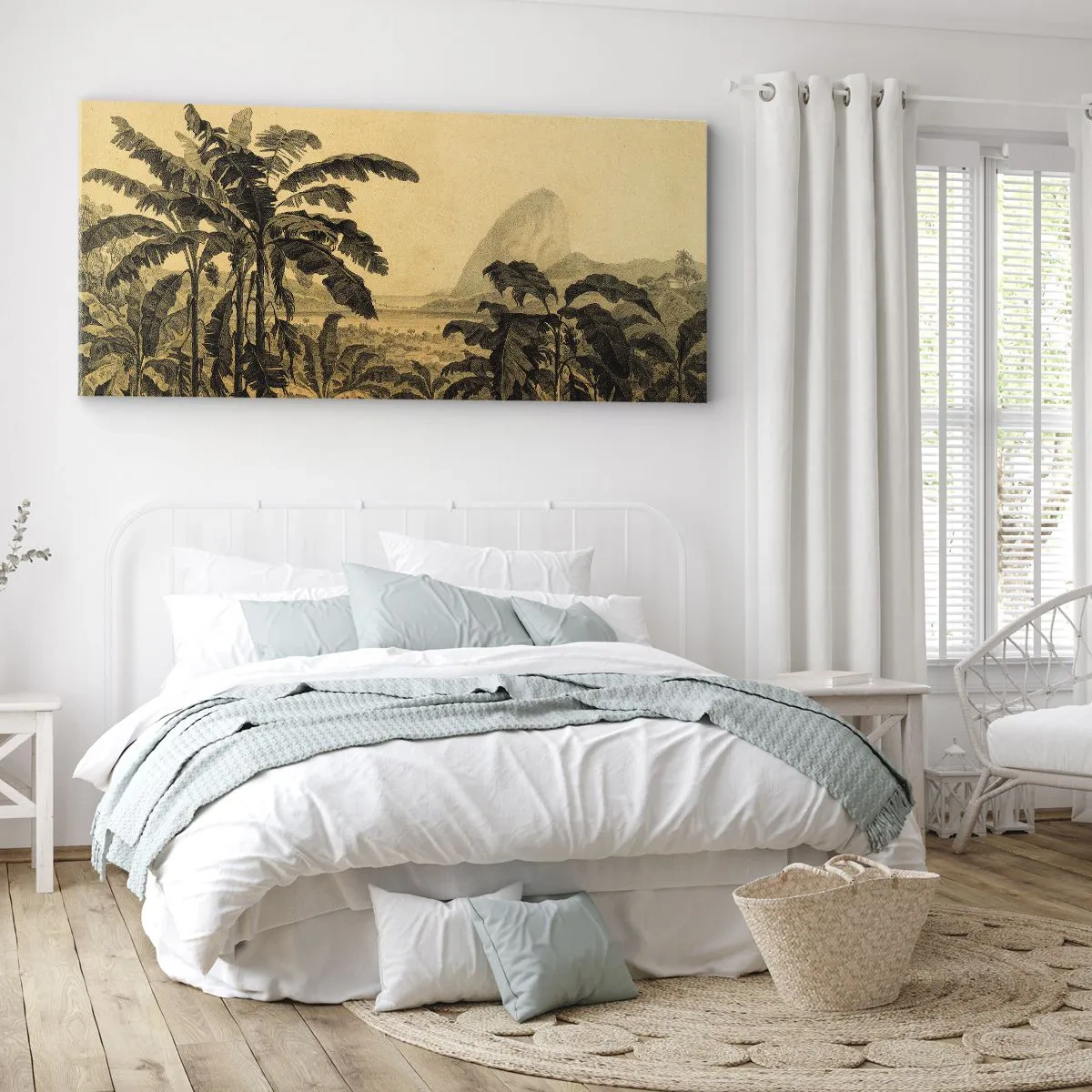 Impression sur toile - Image sur toile - Dessin de bananiers sur fond de paysage tropical - 140x50cm - Dans un climat colonial - Décoration murale moderne pour le salon et la chambre ARTTOR