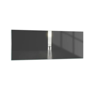 Impression sur verre - Image sur verre - Un homme debout dans la lumière d'une fente étroite dans un espace sombre - 140x50cm - Étape vers un avenir radieux - Décoration murale moderne pour le salon et la chambre ARTTOR