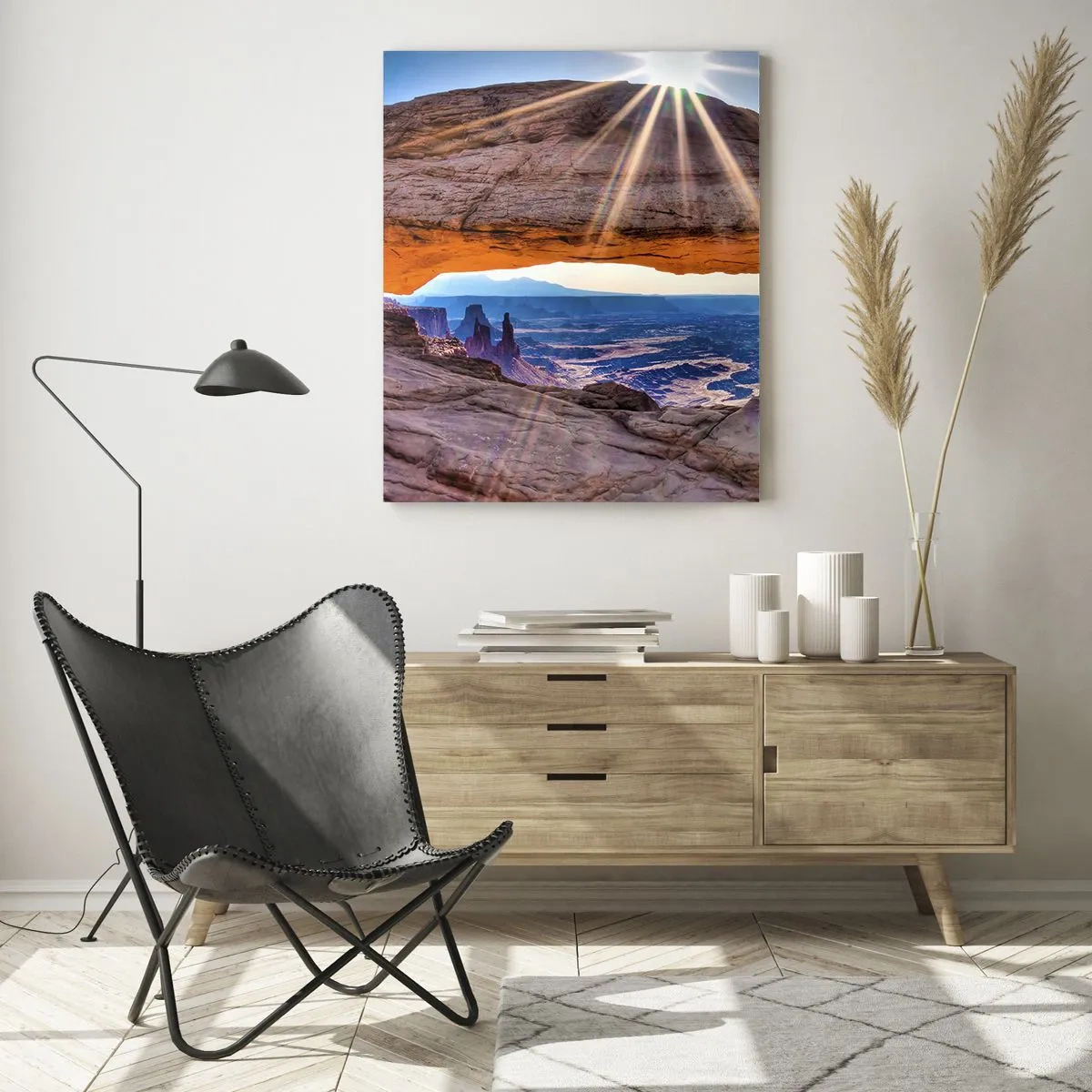 Impression sur verre - Image sur verre - Arche rocheuse surplombant le canyon au lever du soleil - 80x120cm - Par la porte rocheuse - Décoration murale moderne pour le salon et la chambre ARTTOR