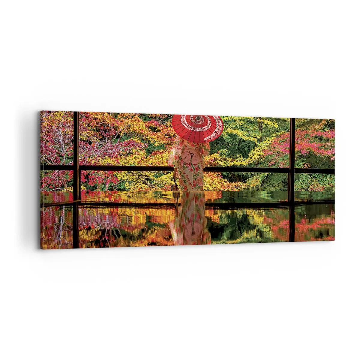 Impression sur toile - Image sur toile - Une femme en kimono avec un parapluie sur fond de paysage d'automne. - 120x50cm - Dans le temple de la nature - Décoration murale moderne pour le salon et la chambre ARTTOR
