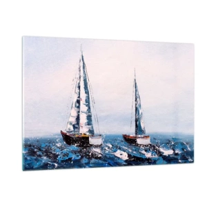 Impression sur verre - Image sur verre - Deux yachts sur une mer agitée dans un style pictural impressionniste. - 120x80cm - Confrérie du vent - Décoration murale moderne pour le salon et la chambre ARTTOR