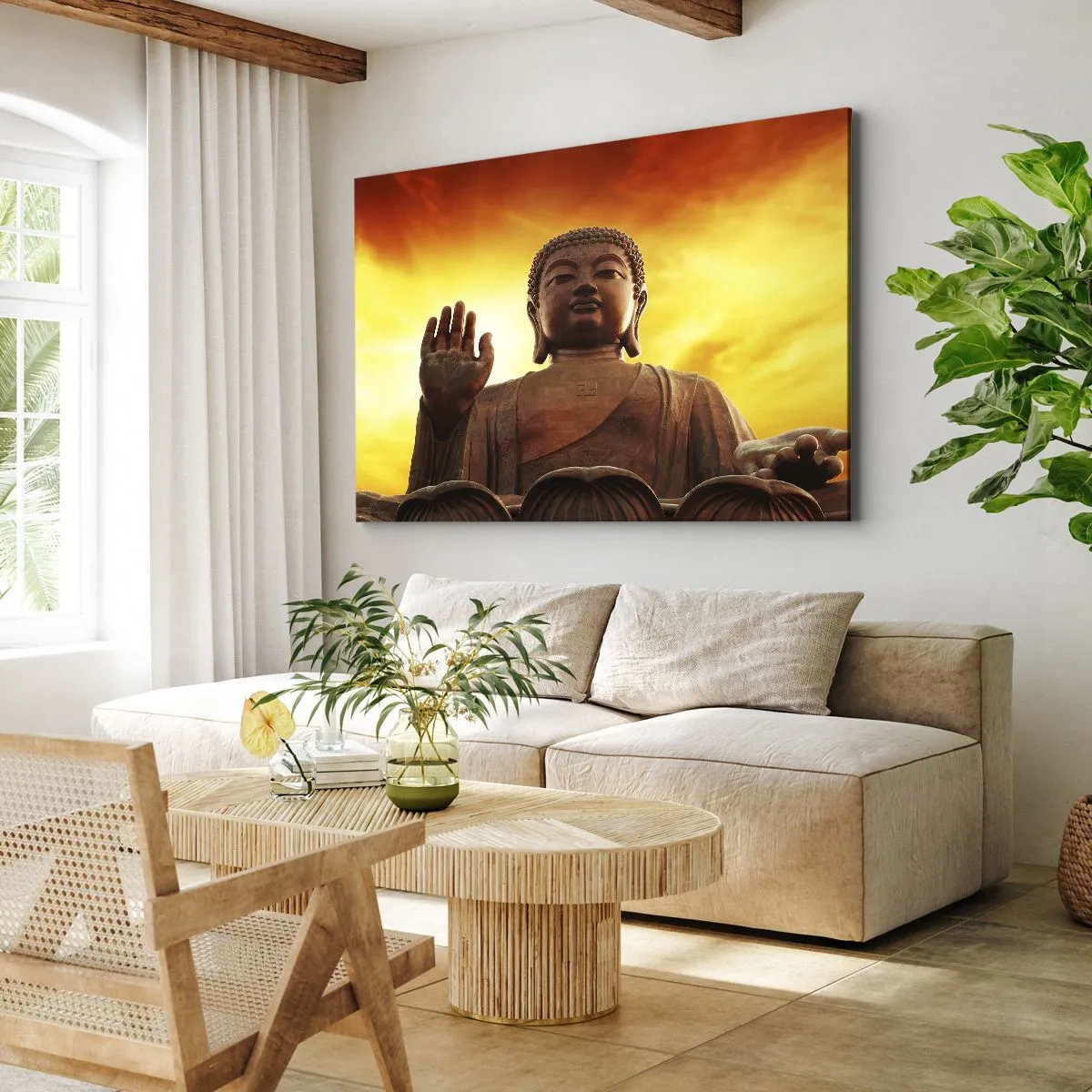 Impression sur toile - Image sur toile - Une statue de Bouddha contre un ciel de coucher de soleil doré - 100x70cm - La paix du monde - Décoration murale moderne pour le salon et la chambre ARTTOR