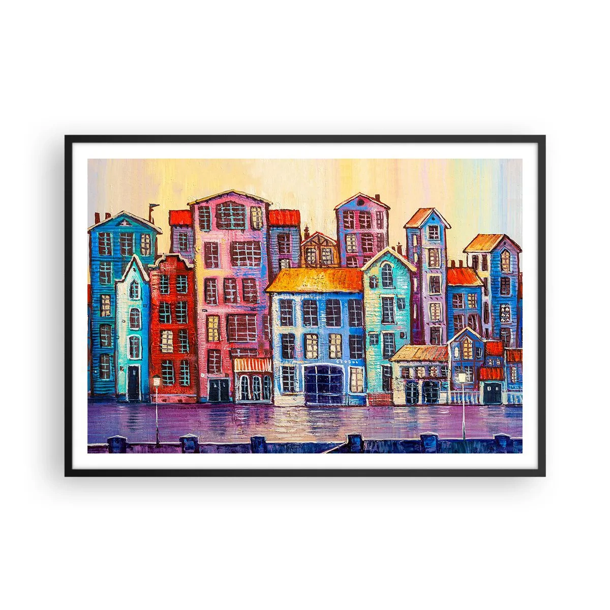 Affiche dans un cadre noir - Poster - Maisons colorées au bord de l'eau dans un style artistique - 100x70cm - Une ville comme dans un conte de fées - Décoration murale moderne pour le salon et la chambre ARTTOR