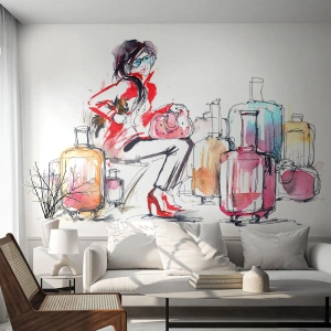 Papier Peint Autocollant Deluxe Sticker - Asseyons-nous avant le voyage - Femme, Voyage, Valise - 300x210 cm