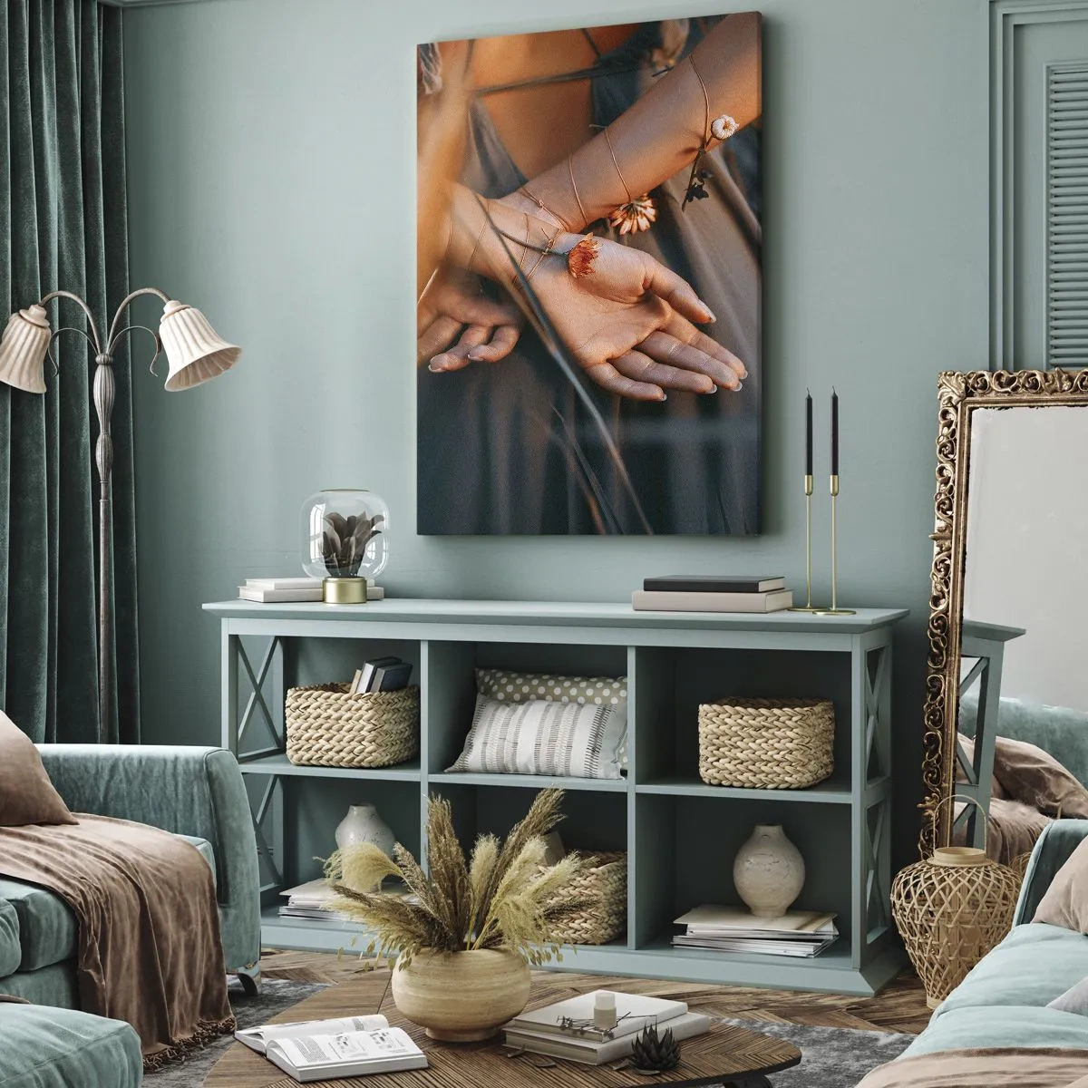 Impression sur toile - Image sur toile - Mains sensuelles avec des fleurs dans un cadre naturel - 70x100cm - Liée à la nature - Décoration murale moderne pour le salon et la chambre ARTTOR