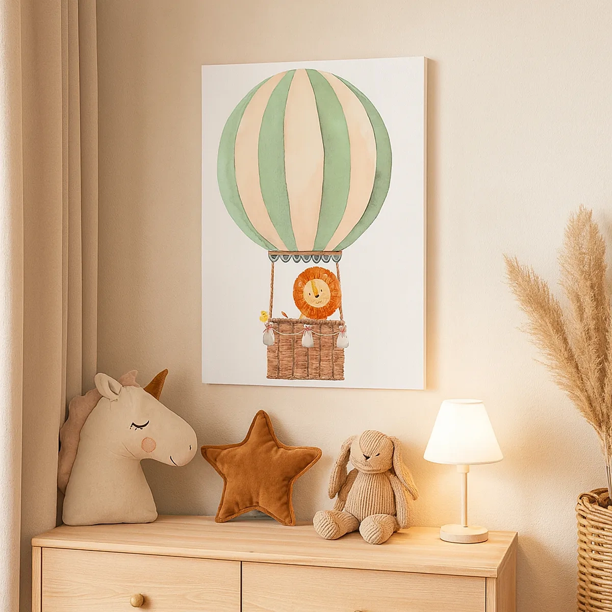 Impression sur toile - Image sur toile - Un ballon avec un lion souriant dans un panier aux couleurs pastel - 50x70cm - Les voyages de Léon - Décoration murale moderne pour le salon et la chambre ARTTOR