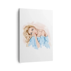 Impression sur toile - Image sur toile - Portrait d'une femme en robe bleue aux cheveux blonds - 70x100cm - Rêveuse en bleu - Décoration murale moderne pour le salon et la chambre ARTTOR