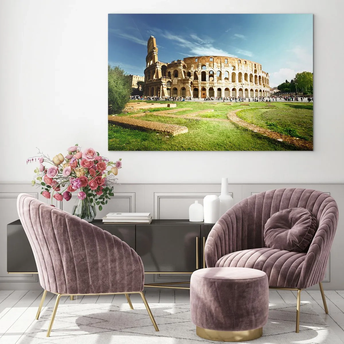 Impression sur verre - Image sur verre - Le Colisée de Rome illuminé par le soleil - 100x70cm - On entend encore la détonation de l'arme - Décoration murale moderne pour le salon et la chambre ARTTOR
