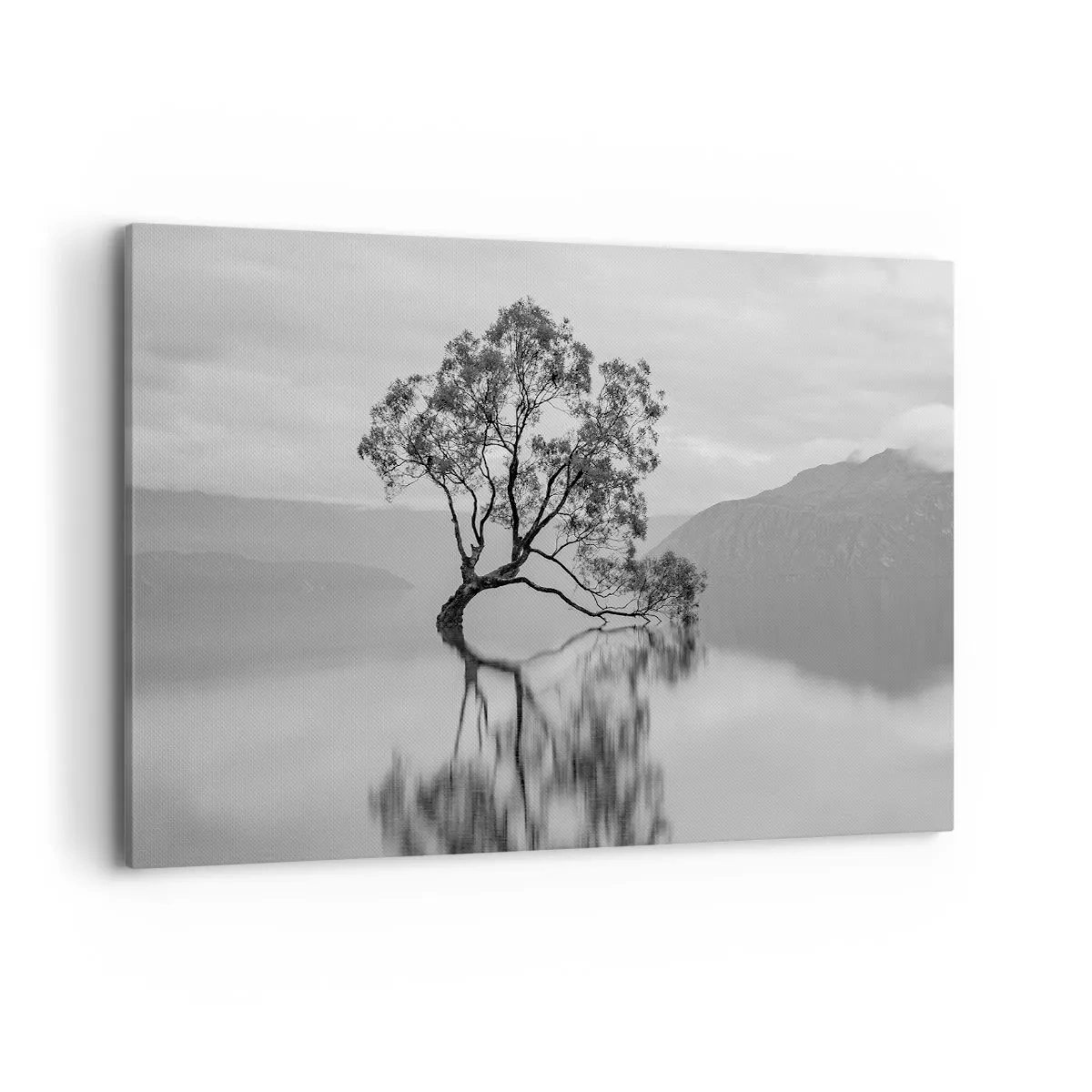 Impression sur toile - Image sur toile - Un arbre solitaire se reflétant dans l'eau avec des montagnes en arrière-plan - 120x80cm - Un tel pays existe - Décoration murale moderne pour le salon et la chambre ARTTOR