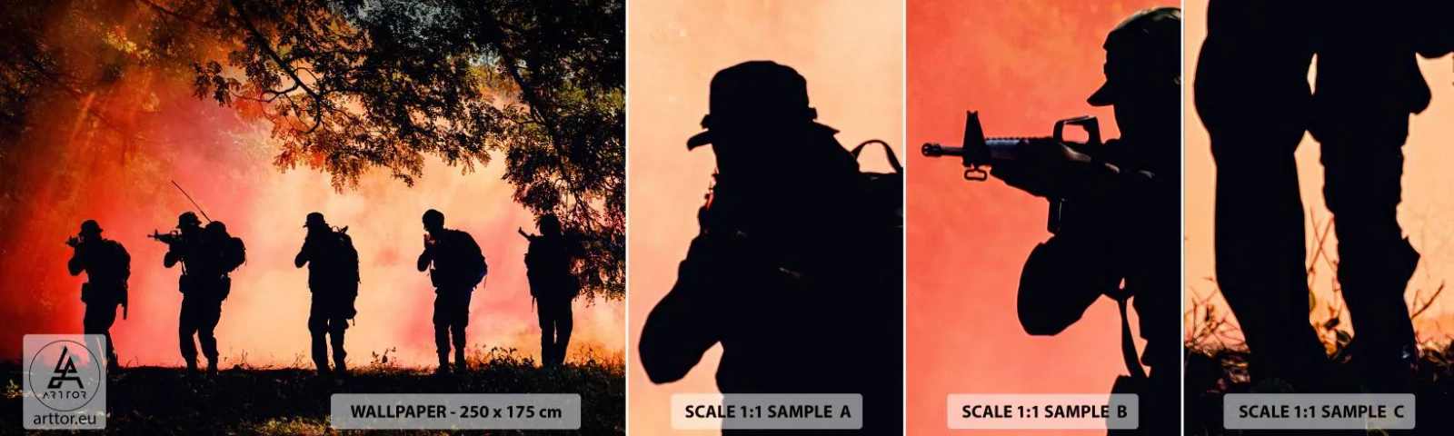 Échantillon de Papier Peint Autocollant Deluxe Sticker - … Tous pour un. - Soldat, Arme, Fusil - 100x30 cm