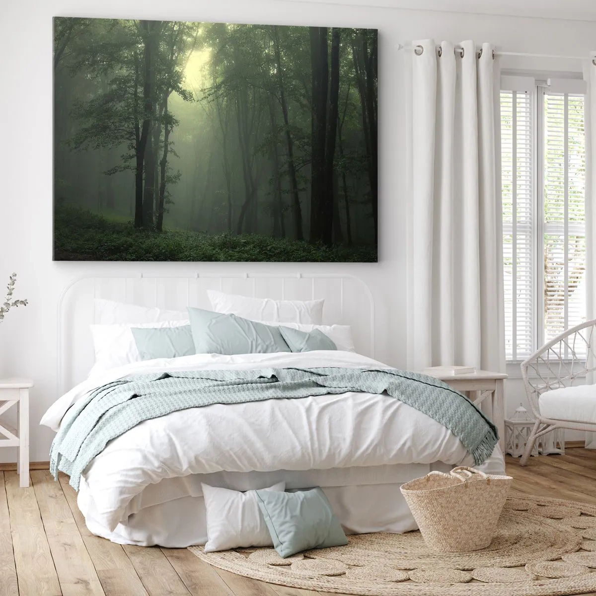 Impression sur toile - Image sur toile - Une forêt verte le matin enveloppée d'un brouillard délicat - 100x70cm - Avant qu'il ne se réveille - Décoration murale moderne pour le salon et la chambre ARTTOR