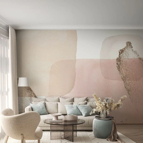 Papier Peint Photo Premium Sand - Formes pastel abstraites avec un délicat accent doré - 100x70cm - Regard à travers la couleur - Décoration murale moderne pour le salon et la chambre ARTTOR