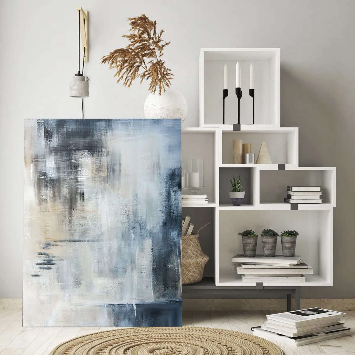 Impression sur verre - Image sur verre - Composition abstraite dans les tons de bleu et de gris - 80x120cm - Derrière le rideau bleu - Décoration murale moderne pour le salon et la chambre ARTTOR