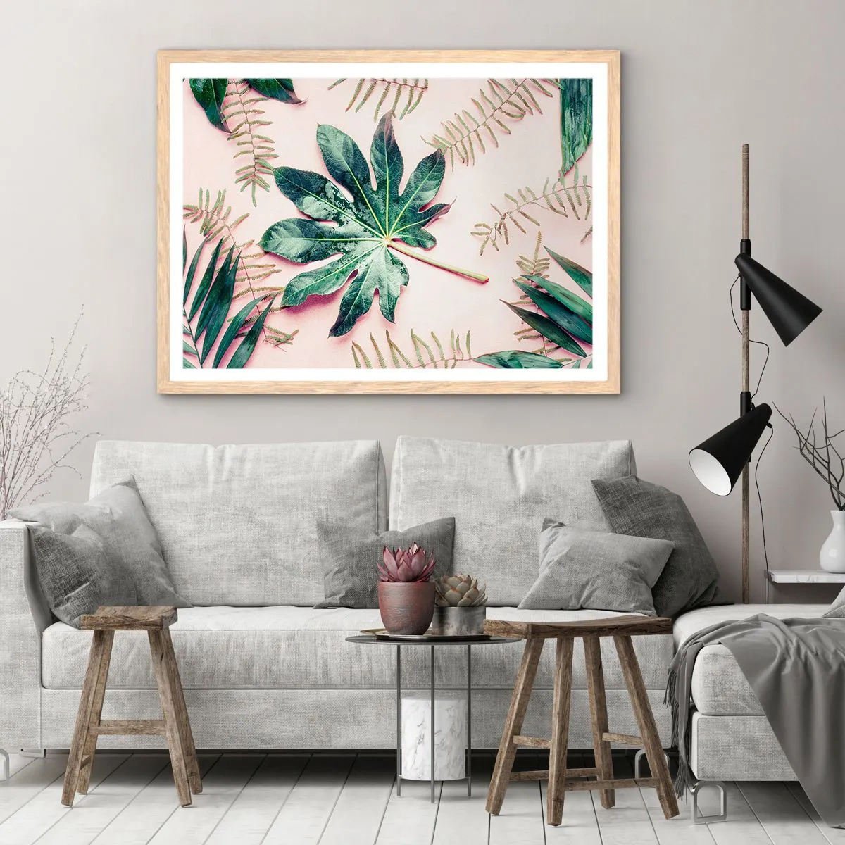 Affiche dans un chêne clair - Poster - Étude de verdure sur fond rose - 100x70 cm