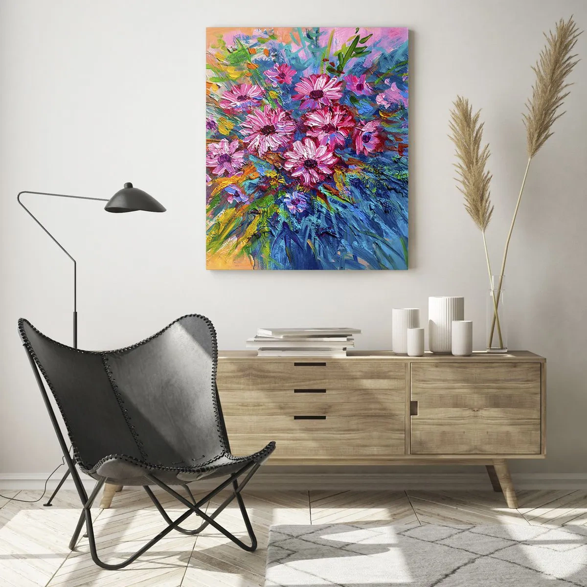 Impression sur verre - Image sur verre - Fleurs colorées dans un bouquet sur un fond de couleur pastel - 80x120cm - Énergie de la vie - Décoration murale moderne pour le salon et la chambre ARTTOR