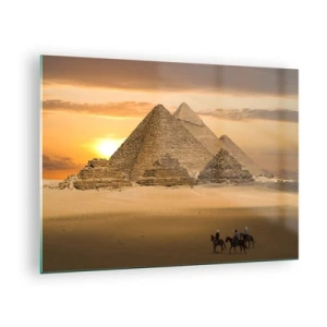 Impression sur verre - Image sur verre - Les pyramides de Gizeh au coucher du soleil avec des cavaliers à cheval - 70x50cm - Aucun changement depuis des milliers d'années - Décoration murale moderne pour le salon et la chambre ARTTOR