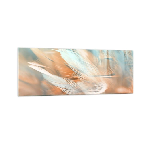Impression sur verre - Image sur verre - Plumes délicates dans des tons pastel de bleu et d'orange - 140x50cm - Au pays de la douceur - Décoration murale moderne pour le salon et la chambre ARTTOR