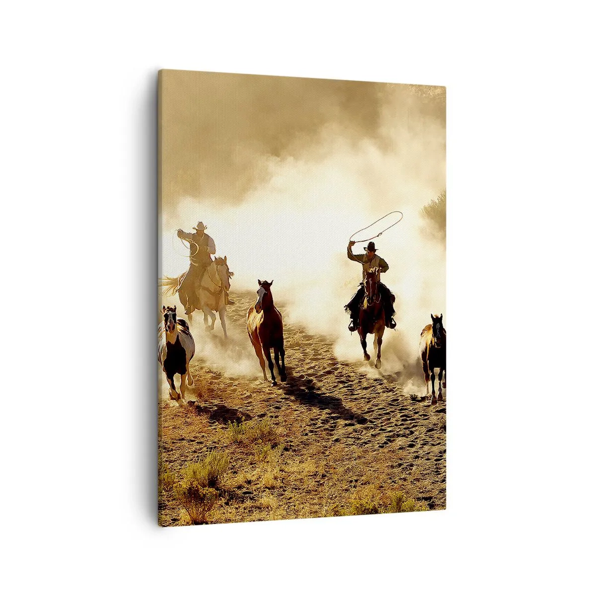 Impression sur toile - Image sur toile - Cowboys à cheval en action sur un terrain désertique - 50x70cm - L'ouest vraiment sauvage - Décoration murale moderne pour le salon et la chambre ARTTOR