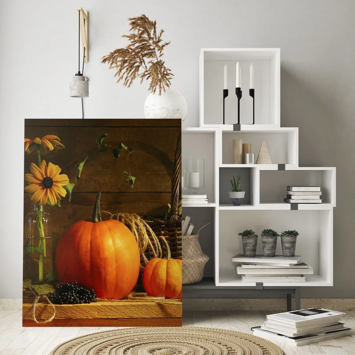 Impression sur verre - Image sur verre - Composition d'automne avec citrouilles et fleurs sur fond de bois - 70x100cm - Une composition rustique - cadeaux d'automne - Décoration murale moderne pour le salon et la chambre ARTTOR