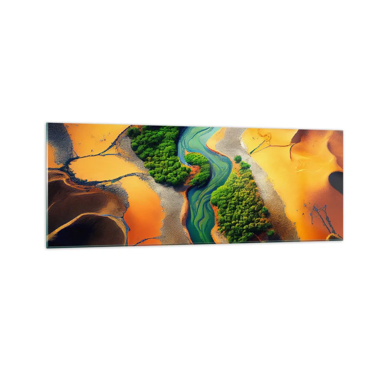 Impression sur verre - Image sur verre - Une rivière verte entourée de sable doré et de végétation - 140x50cm - Rivière vivifiante - Décoration murale moderne pour le salon et la chambre ARTTOR