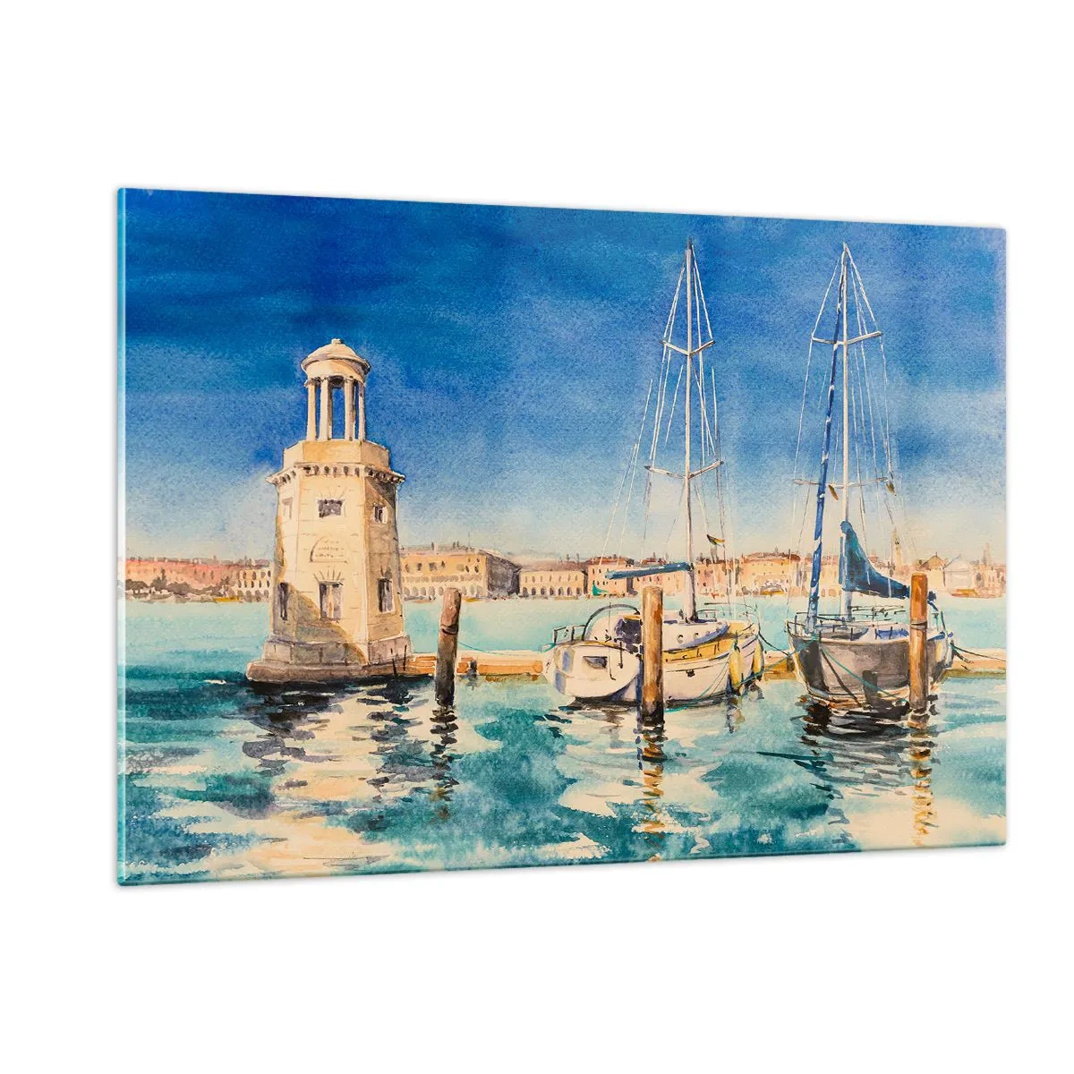 Impression sur verre - Image sur verre - Marina à l'aquarelle avec un phare et des yachts amarrés - 120x80cm - Lagune ensoleillée - Décoration murale moderne pour le salon et la chambre ARTTOR